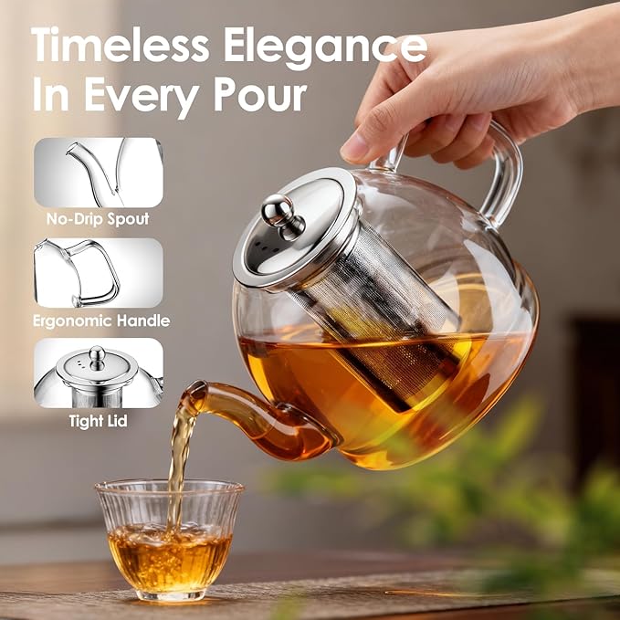1800ml Glass Teapot with Infuser, Stovetop Safe Large Tea Pot, Hand Crafted Borosilicate Glass Tea Kettle, Blooming and Loose Leaf Tea Maker for Tea Lovers, Tea Gift Set with Cleaning Brush