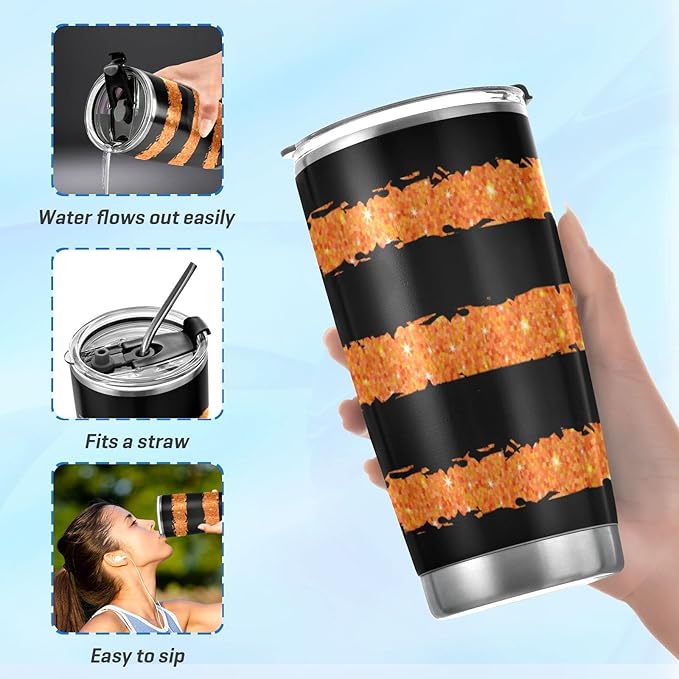 Halloween Tumbler Glitter Stripes Orange Black Insulated Coffee Cup Back to School Beverage Container Office Travel Mug with Straw and Lid 20oz Holiday Gift Day of The Dead Present