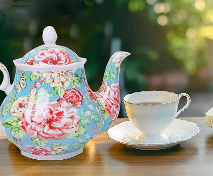 European Style Ceramic Teapot Coffee Pot Water Pot Porcelain Vintage Gift Tea Pot - 37 Oz - May Blossom