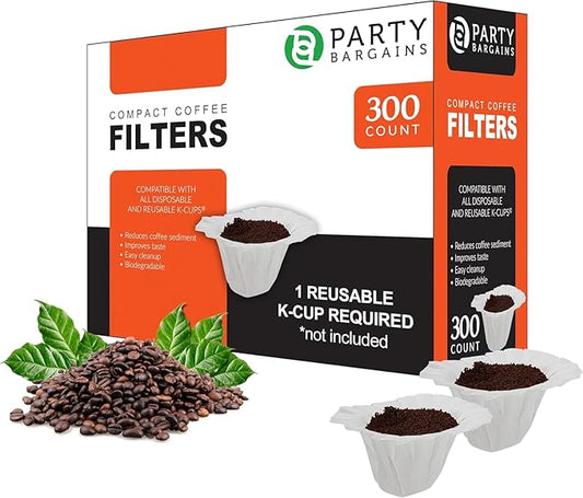 PARTY BARGAINS 300 Compact Disposable Coffee Filter Liners – Compatible with Keurig Brewers & K-Cup Reusable Pods, Single-Serve Paper Filters