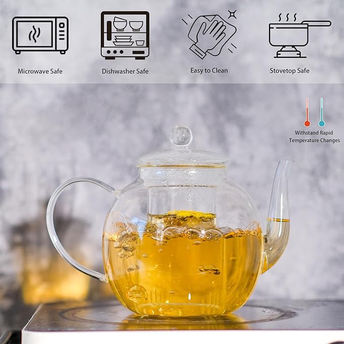 Glass Teapot Set with 4 Teacups, 1500 ml/50 oz Tea Pot with Infusers for Loose Tea and Flower Tea, Stovetop and Microwave Safe Borosilicate Glass Tea Kettle, Tea Gift Sets for Christmas