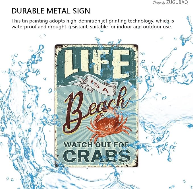 Vintage Tin Signs Wall Decor, Life Is A Beach Watch Out For Crabs, Retro Metal Sign for Outdoor Indoor Home Beach Garden Tub Bar Farmhouse Cafe Gate Fence 8X12 Inch Decorations - Image 4