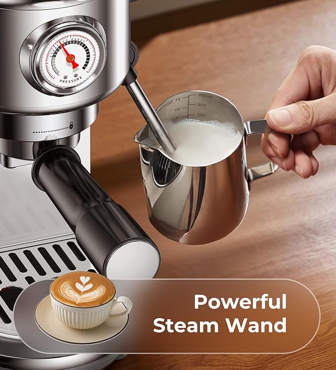 Espresso Machine with Milk Frother, 20 Bar Pressure Espresso Maker, with 44OZ Removable Tank, Compact Stainless Steel Coffee Machine for Home, Office, Latte, Cappuccino, Macchiato, Silver