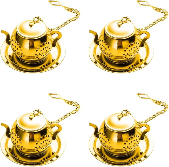 Loose Leaf Tea Infuser Ball Set of 4 Stainless Steel Tea Strainer with Chain and Drip Trays, Tea Filter for Mug and Cup (Gold)