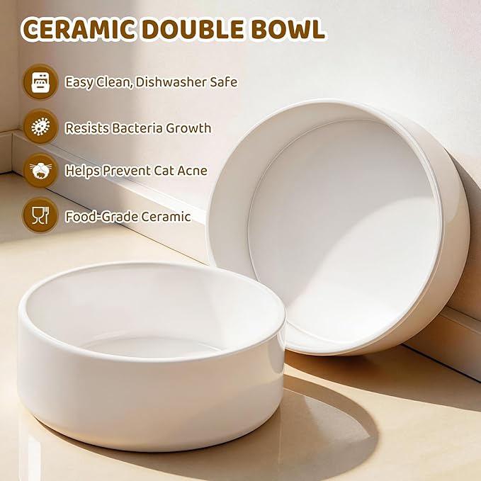 Bamboo Elevated Cat Bowls, 2 Ceramic Raised Cat Food and Water Bowls for Cats and Puppy, 15 Tilted Stand Anti Vomitting, Whisker Fatigue, Dishwasher Safe