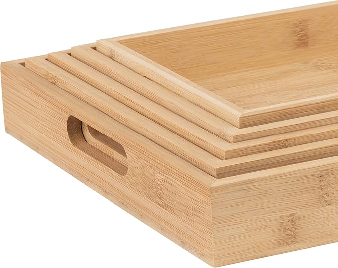 Bamboo Serving Tray Bamboo Decor - Five Piece Nested Breakfast Bamboo Tray - Wood Crafts Trays for Organizing | Bathroom Tray - Food Trays for Party Buffet Montessori Wooden Trays for Serving
