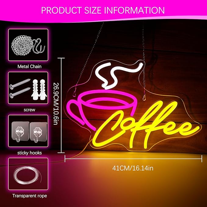 Coffee Bar Neon Sign for Wall Decor LED Cafe Light up Sign for Cafe Coffee Station Bar Shop Business Kitchen Art Decor Party Decorations Gifts USB Powered