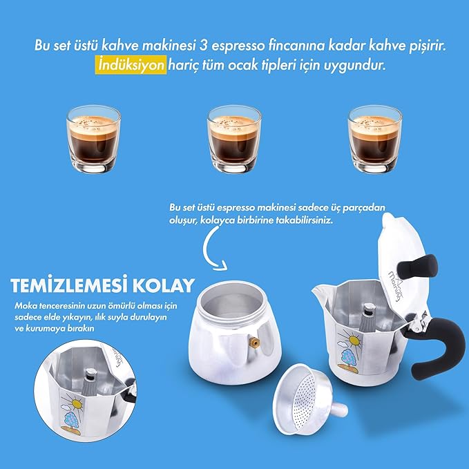 Any Morning Espresso Stovetop Moka Pot, 6 Cup Italian Coffee Maker, Aluminum, PBA Free, 8 Oz, 6 Expresso Cups Silver