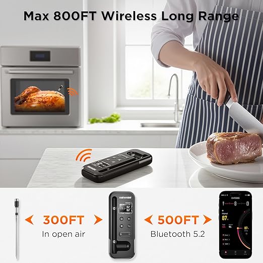 Bluetooth Meat Thermometer with Smart APP, 800FT Wireless Range & LCD Base, Rechargeable Probe, Digital Food Thermometer for BBQ, Grill, Birthday Gifts for Men Dad Him