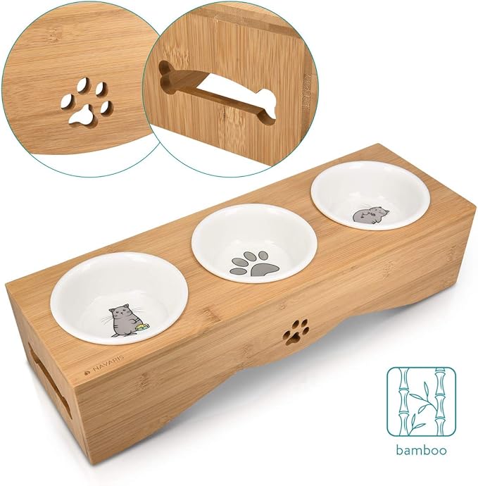 Navaris Cat Bowls with Stand - Elevated Triple Feeder for Cats - Ceramic Pet Bowl Dishes 3-Pcs Set with Printed Designs and Raised Bamboo Wood Holder