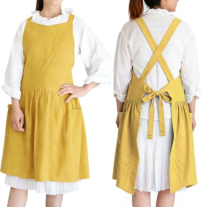 Cotton Linen Cross Back pinafore Apron Dress for Women with Pockets for Cooking Cleaning - Crossback Apron - Yellow - with Waist Ties by KKTOCHVC