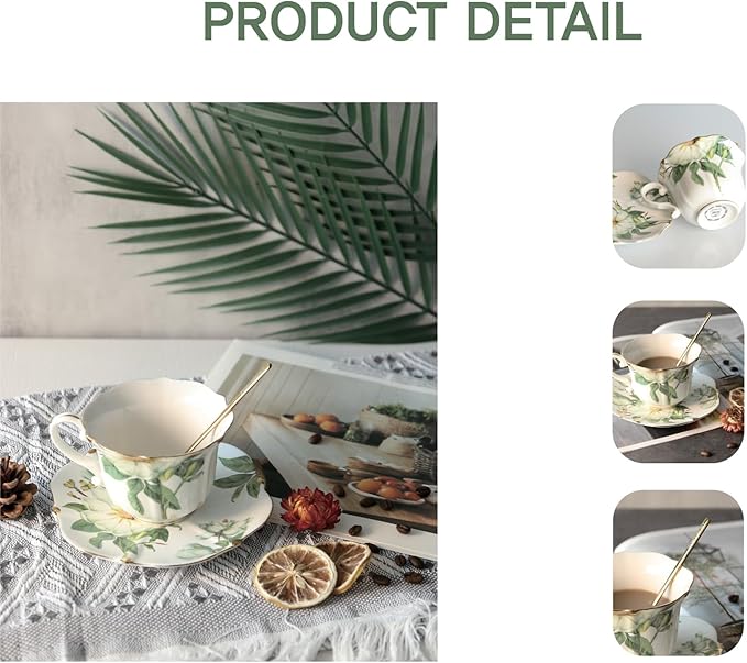 Vintage Floral Porcelain Tea Cup and Saucer Set with Spoon, Gold Trim, 6.4 oz – Set of 1, Green – Tea & Espresso & Coffee Cups (1, White Camellia)