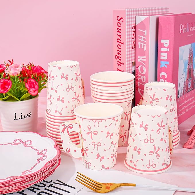 48 Pcs Pink Paper Tea Cups and Plates Pink Bow Party Supplies Bowknot Disposable Paper Teacups and Saucer Set Coquette Birthday Decor for Mother's Day Wedding Baby Shower Party, Serve 24