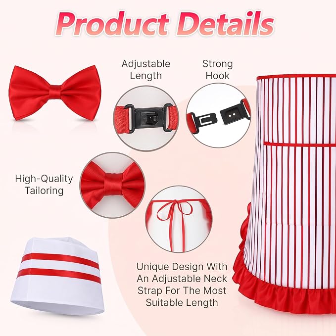 3pcs Soda Jerk Costume, 1950s Waiter Costume Kit, Red And White Striped Apron with Pocket, Adjustable Red Bow Ties, Chef Hat for Retro Party, Diner Role Play - Image 4