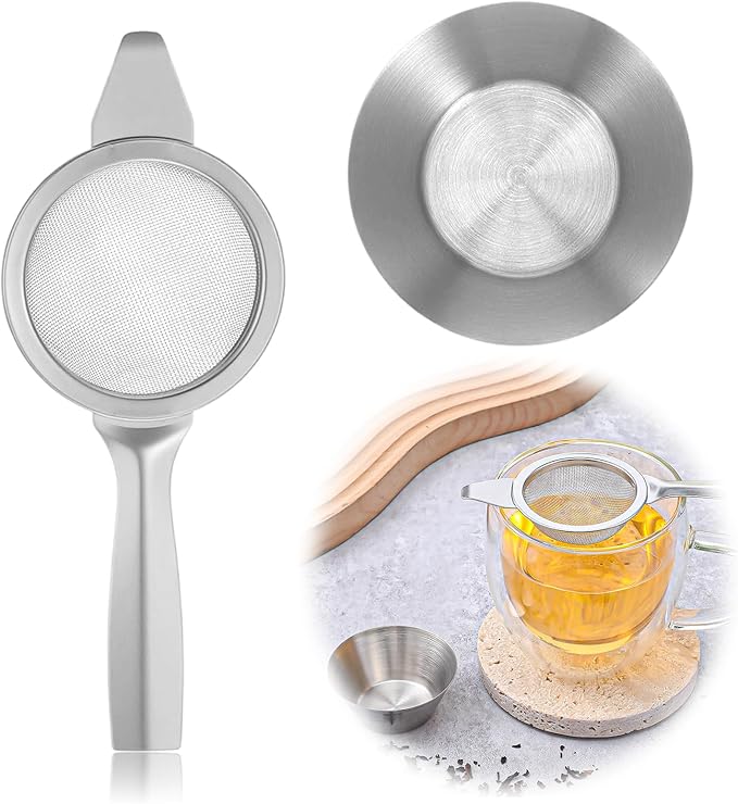 TIESOME 2.2" Silver Matcha Sifter Strainer, 30 Fine Mesh Mini Strainer for Tea with Handle and Base Stainless Steel Small Tea Strainer for Loose Coffee Cocktail with Base (Silver)