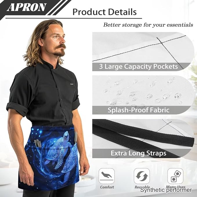 Waist Apron with 3 Pockets Waterproof 13 Inch Short Half Waist Aprons Women Men Server Aprons Waitress Waiter Apron - Image 6