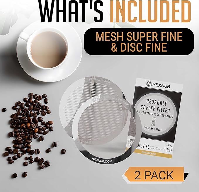 HEXNUB - Reusable Metal Filters for AeroPress XL Coffee Maker, Stainless Steel Filter Fits AeroPress XL Cafe Press, Fuller Bodied Coffee Than Paper Filters - SILVER 2 PACK