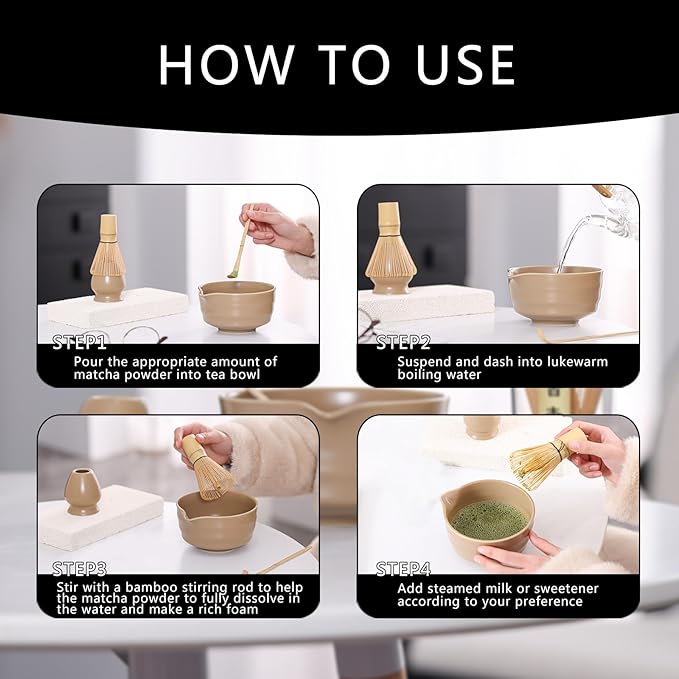 Matcha Tea Set – Traditional Japanese Ceremony Kit with 18.5OZ Ceramic Bowl, Bamboo Whisk, Scoop, and Holder – Ideal for Authentic Matcha Preparation and Gifting (Mocha Brown)