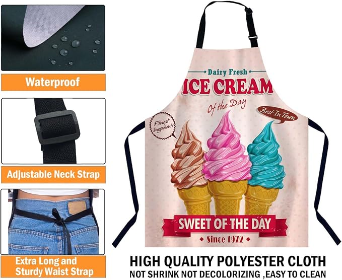 Vintage Ice Cream Design Kitchen Apron for Women Men, Unisex Adjustable Cooking Apron, Waterproof Apron for Home Kitchen, Restaurant, Coffee House - Image 3
