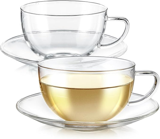 Teabloom Kyoto Teacup and Saucer Set 2-Pack – Large Size – 12 OZ/ 350 ML Capacity – Crystal Clear Design –– Premium Borosilicate Glass – Heat Resistant, Microwave Safe – Glass Mug Set