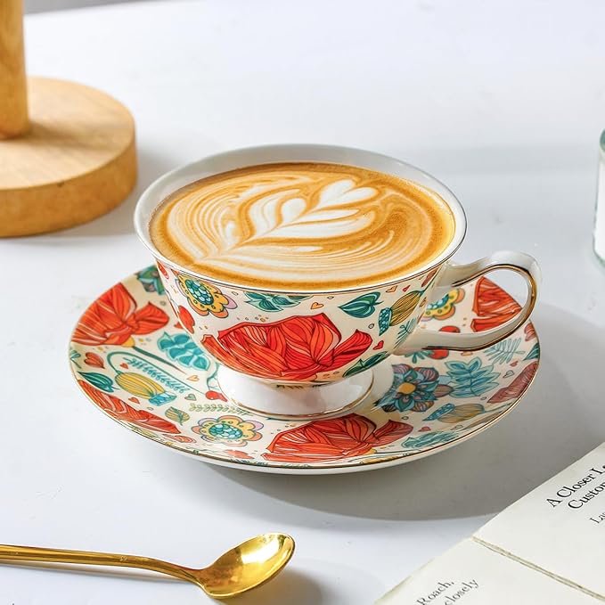 Ceramic 6.8 Oz Coffee Cup Mug with Saucer,Porcelain Vintage Floral Cups Set for Tea Party, Latte, Cappuccino Tea,Gift for Women (1, Red-Flower)