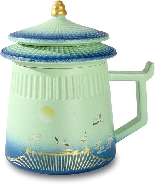 Tea Cup with Infuser and Lid,Loose Leaf Tea Steeper Cup 14.8oz Ceramic tea Infuser Mug Travel Large Steeping Cup Diffusers Mugs with Fine Strainer and Handle