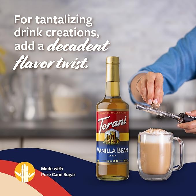 Torani Vanilla Bean Coffee Syrup for Drinks & Desserts, Glass Bottle 4-Pack, Pumps Included, 25.4 Fl Oz Ea