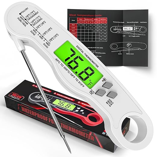 Fast Instant Read Meat Thermometer with Backlight - Waterproof Digital Food Probe for Grilling, Cooking, Baking & Candy Making - Kitchen & BBQ Essential(White)