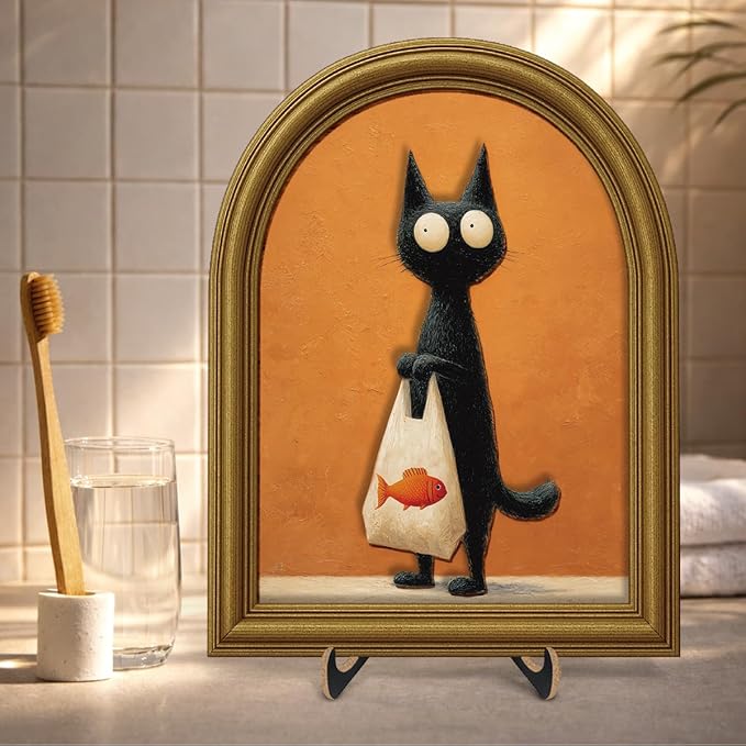 3D Cute Black Cat Table Decor Sign, Funny Cat and Fish Wall Art Sign for Home Living Room Dining Room Table Wall Desk Decor 8x10 Inch