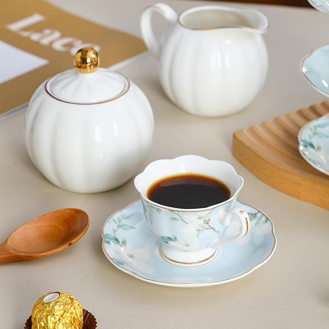 Porcelain Demitasse Cup Set of 6 (12-Piece) - 2.5oz Artisan Embossed Floral Cups and Saucers with Gold Trim for Turkish Coffee, Gift
