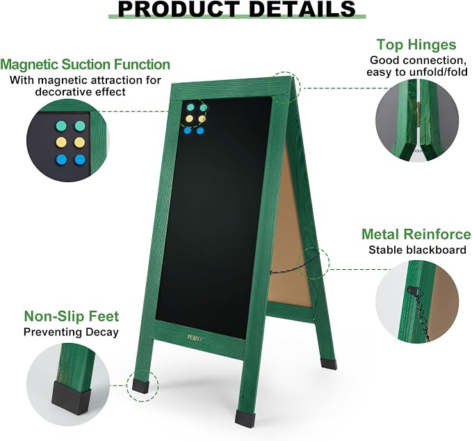 Large Sandwich A-Frame Chalkboard Sign - 40 x 20 Inches Green Magnetic Wooden Chalk Board for Sidewalk, Stand up Double-Sided Outdoor Easel Display for Restaurant Cafe Shop Wedding Party or Business - Image 3