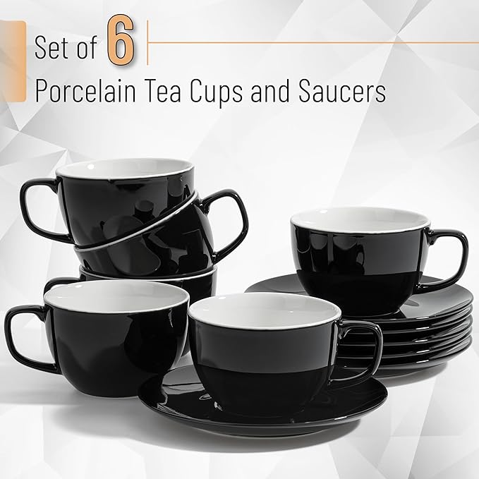 BTaT- Cappuccino Cups with Saucers 6 oz, Set of 6, Black Porcelain Coffee Cup and Saucer Set for Latte, Mocha, Tea, Au Lait, Flat White, Dishwasher, Microwave, Freezer and Oven Safe