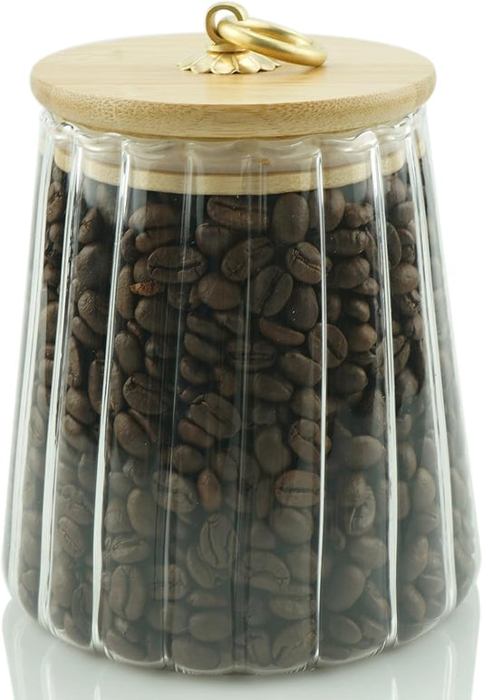 Clear Glass Jar Coffee Canister, Cookie Candy Jar Sugar Container with Airtight Bamboo Lid, 24 OZ Kitchen Food Storage Container for Pantry, Flour, Pasta, Cereal, Beans, Spice, Conical