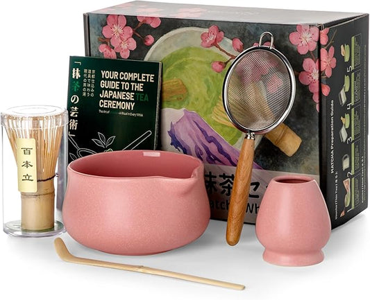 Nucookery Matcha Whisk Set - 5 Pcs Matcha Set with 18oz Ceramic Matcha Bowl (Chawan) with Spout, Bamboo Whisk & Holder, Scoop and Sifter | Complete Matcha Kit for Japanese Tea Ceremony (Pink)