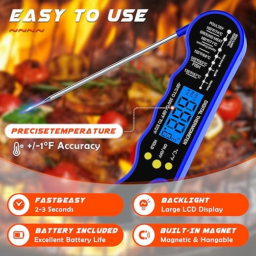Instant Read Meat Thermometer, Fast & Accurate Digital Food Thermometer with Backlight, Waterproof & Magnet for Grilling, Cooking, BBQ, Smoker, Baking, and Candy Making Blue