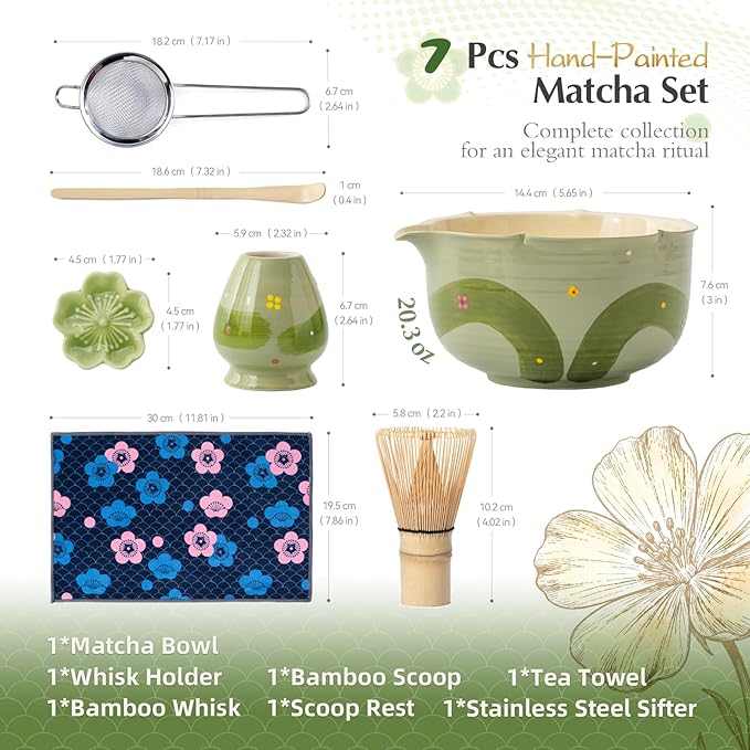 Matcha Whisk Set, 7Pcs Matcha Set with Hand-Painted Ceramic Matcha Bowl, Matcha Whisk and Holder, Scoop and Rest, Sifter, Tea Towel, Artisan Matcha Kit for Ceremony & Gifting (Green)
