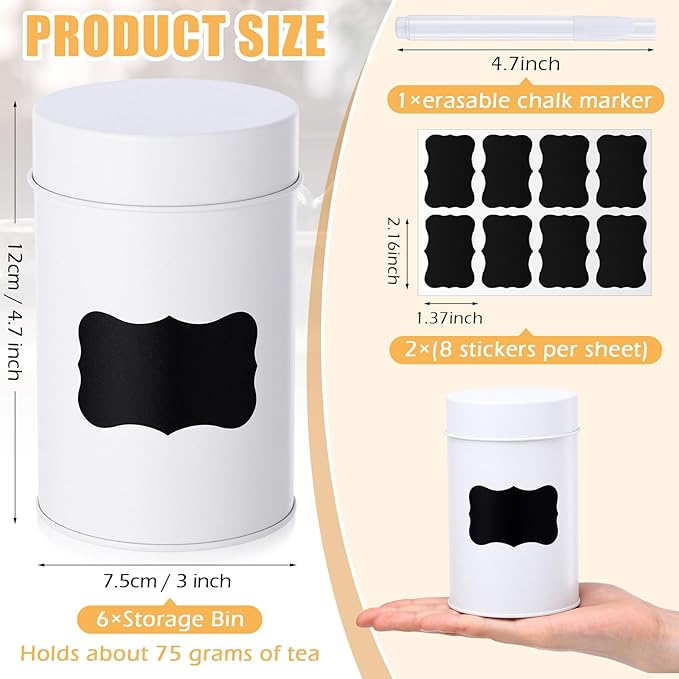 Tanlade 6 Pcs Tea Tin Canister with Airtight Double Lids, 14 oz Tea Containers with 1 Erasable Chalk Marker and 16 Stickers Tin Can Box for Loose Leaf Coffee Sugar Candy Spices