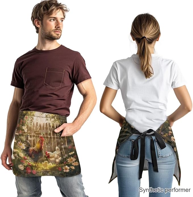 Waist Apron with 3 Pockets Waterproof 13 Inch Short Half Waist Aprons Women Men Server Aprons Waitress Waiter Apron - Image 2