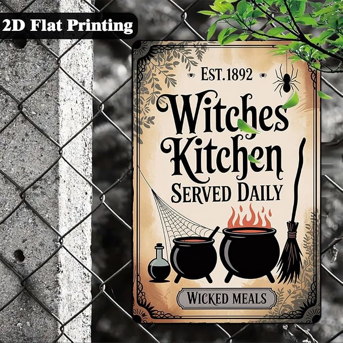 Vintage Halloween Metal Sign ''Witches Kitchen Served Daily'' Tin Sign - 8x12 Inch, Spooky Witches Cauldron Art Sign For Kitchen, Cafe, Garage Decor, Halloween Party Accessories, Halloween Decor - Image 4