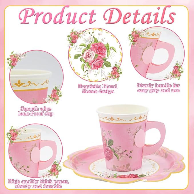 200Pcs Floral Tea Cups and Saucers for Tea Party Supplies, Disposable Tea Cups with Handle and Paper Napkins Dinnerware for Floral Theme Birthday Wedding Bridal Shower Baby Shower（Pink）