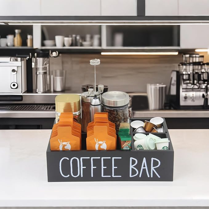 Coffee Station Organizer with Removable Dividers Disposable Cup Holder Wooden Countertop Organizer for Tea Condiment Accessories Storage Farmhouse Bar Decor Black (Black) - Image 6