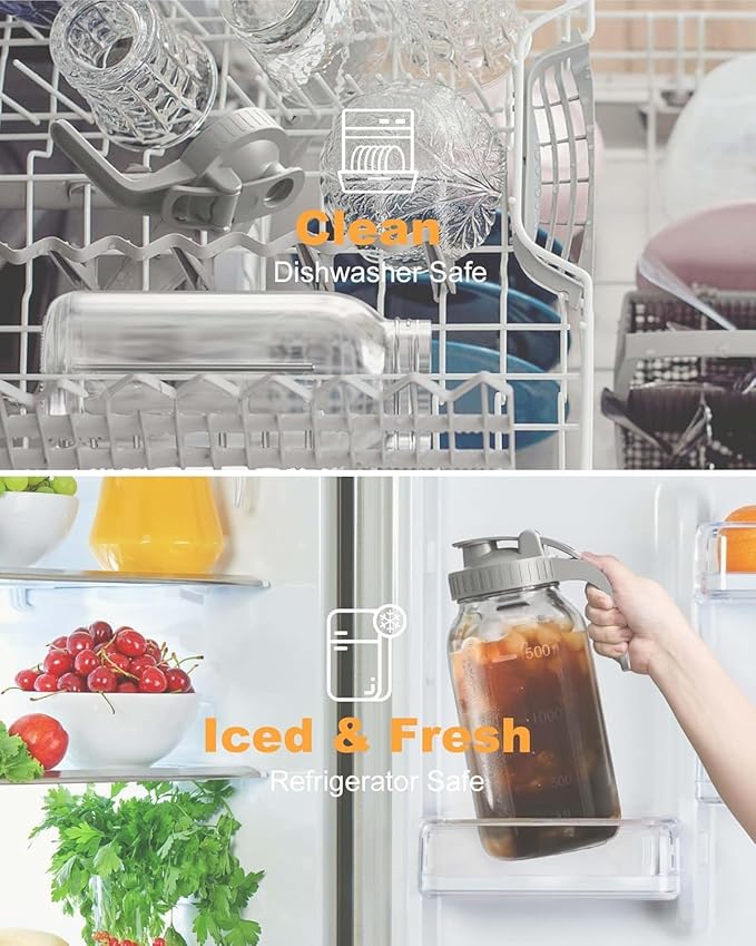 2 Pack - 64oz Glass Pitcher with Lid Wide Mouth, 2 Quart (1.9 Liter) Mason Jar Pitcher with Lid and Spout, Leakproof Water Jug for Water, Juice, Tea, Iced Coffee, Milk Storage