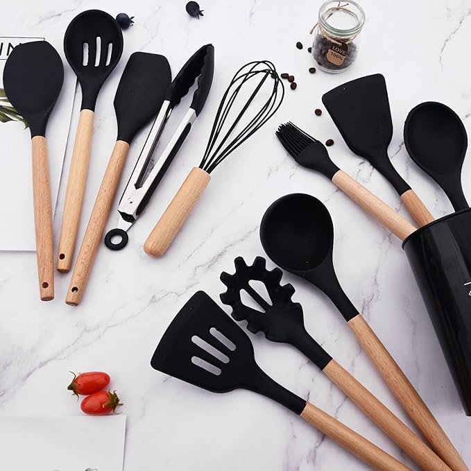 1pc Black Pasta Server, Silicone Pasta Fork with Wooden Handle, Noodle Spoon & Strainer