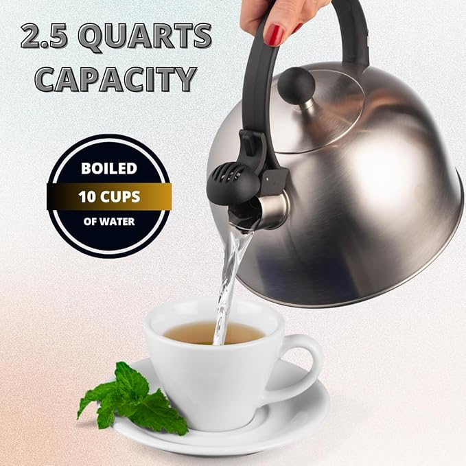 Venoly 2.5 Liter Whistling Tea Kettle - Modern Stainless Steel Whistling Tea Pot for Stovetop Hot Water Boiler with Cool Grip Ergonomic Handle (Silver, 2.5 Liter)
