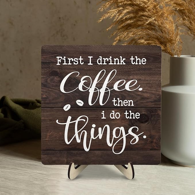 Vintage Coffee Bar Sign Plaque,Rustic Wooden Tabletop Plaque with Stand, Minimalist Farmhouse Kitchen Counter Sign for Coffee Station, Cute Mini Café Bar Decor Gift 5.9x5.9Inch