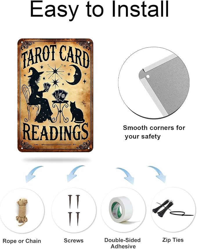 Vintage Cat Tarot Tin Sign Witch Moon Stars Metal Signs Print Aesthetic Room Decoration for Home Bedroom Dorm Bathroom Wall Decor 8 x 12 Inch - Image 9