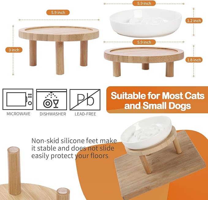 Raised Slow Feeder Cat Bowl, 5.9 Inch Wide Shallow Ceramic Elevated Glass Food Bowl Puzzle Feeders, Anti Vomit Cat Dish, Whisker Friendly Pet Plates Feeding Station for Cats(2 Slow Feeder)