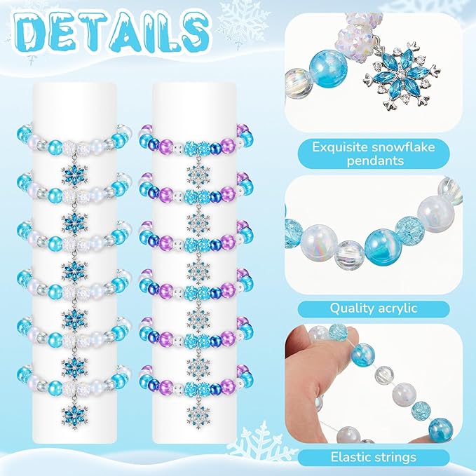 Ecally 12 Pcs Snowflake Party Favors Snowflake Beaded Bracelet Bulk Winter Christmas Party Supplies Jewelry Princess Birthday Prize Gifts for Girls Women