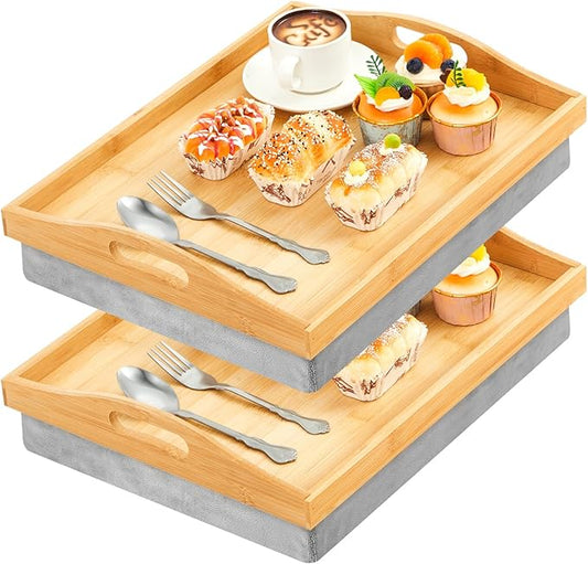 Tioncy 2 Pieces Bamboo Lap Tray with Detachable Pillow 16.9'' x 13'' Lap TV Trays Desk with Handles for Adults Eating in Recliner Breakfast Housewarming Gift (Wood)