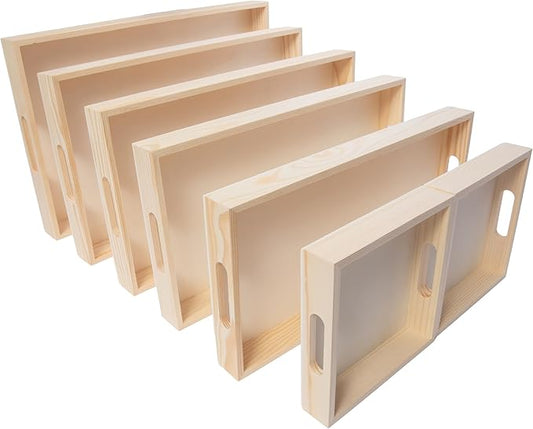 Wooden Nested Serving Trays, Unfinished Rectangle Trays with Cut-Out Handles for Crafts, Ottomans, Serving and Home Décor – Set of 7